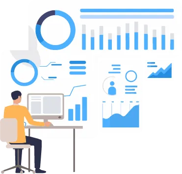 A person analyzing data on a computer with various charts and graphs