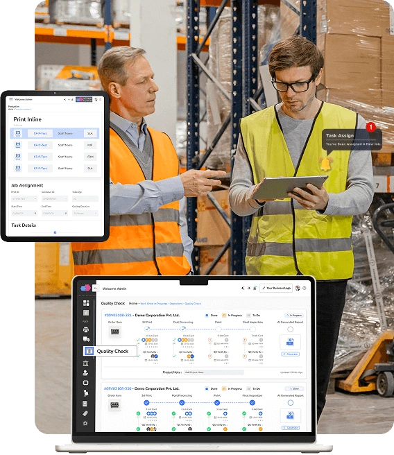Image showing two person discusiing digital job card dashboard 