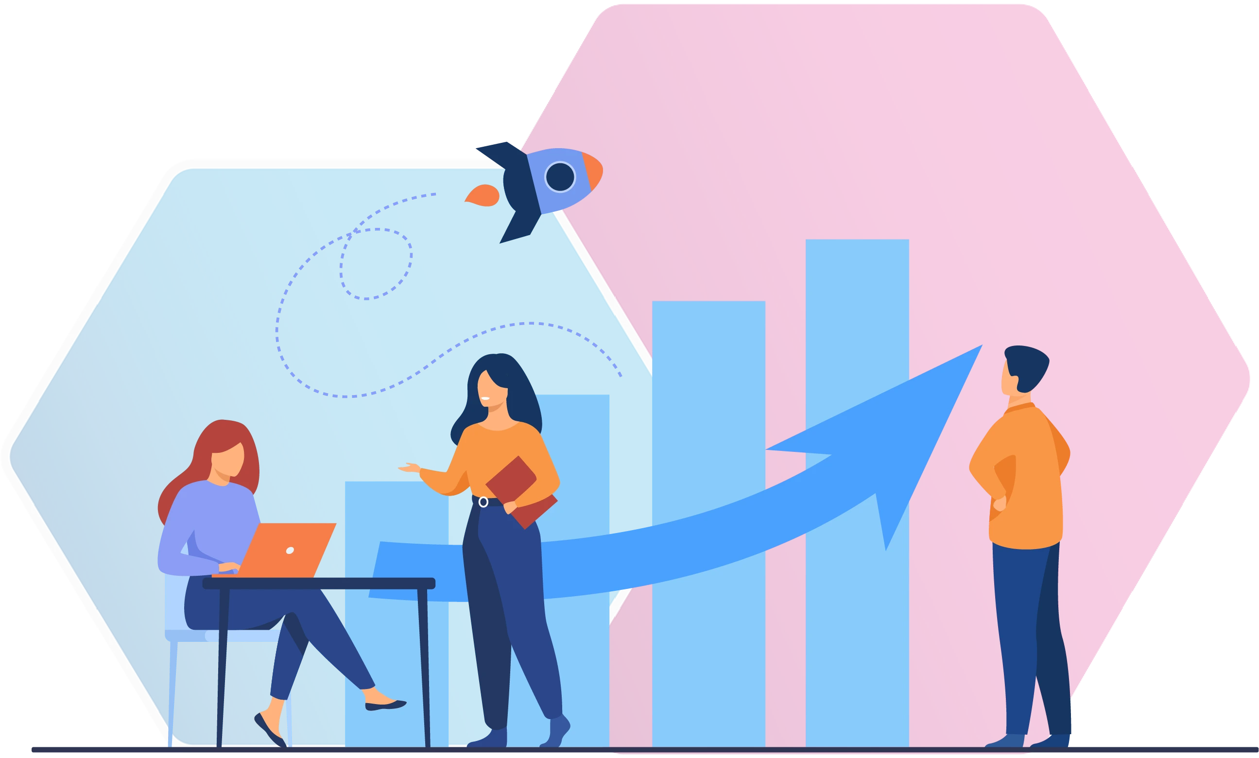 Illustration of a team discussing growth with graphs, coins, and a rocket symbolizing progress